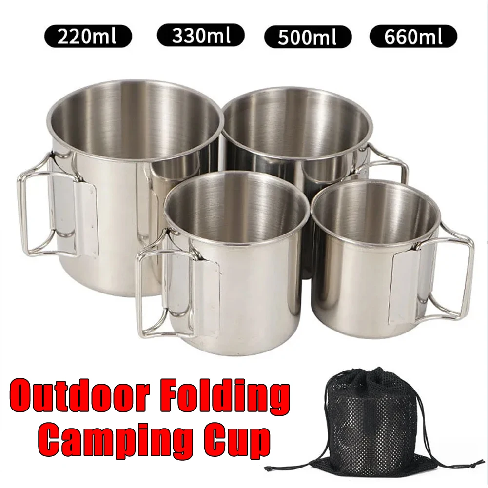 Outdoor Folding Camping Cup with Handle, Stainless Steel, Beer, Whiskey, Coffee, Tea, Milk Mugs, Water Cups, Home Backpack Hiki