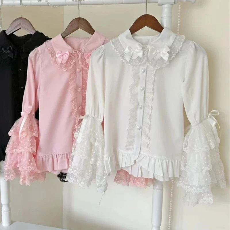

Japanese Sweet Girl Lolita Shirts Women Sweet Bow Peter Pan Collar Lace Flare Long Sleeves Tops Vintage Goth Kawaii Y2k Blouses
