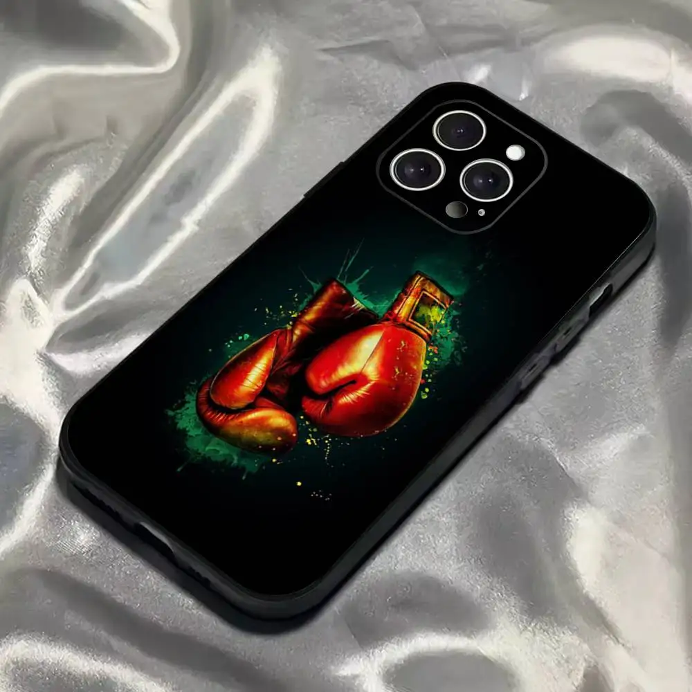 Étui de téléphone avec gants de boxe pour iPhone 16,15,14,13,12,11,Pro,Max,Plus,X,XS,SE4,E,Mini, étui noir souple