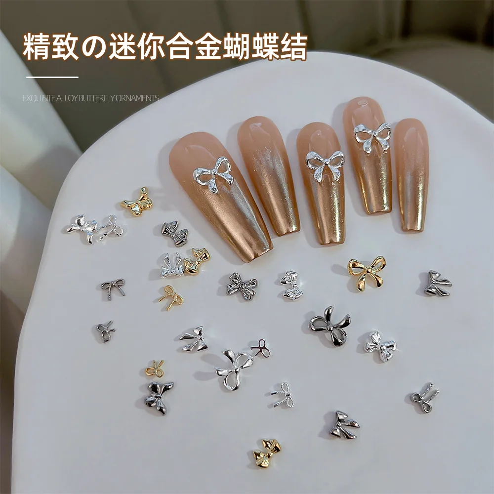 10szt Nail Charms Kawaii Luxury 3D Alloy Rhinestones Bow Japanese Nail Decoration Parts Gold Silver Ribbon Nail Art Akcesoria