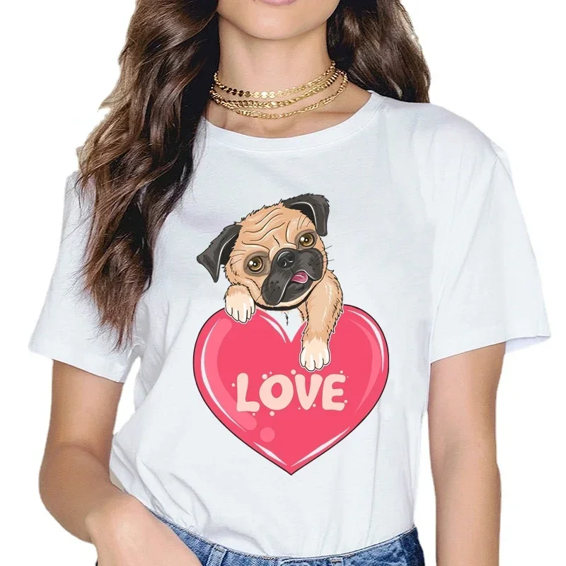 

Милая собака-мопс с сердечком любви, милая хлопковая футболка с 3d принтом для домашних животных, мужская и женская летняя спортивная крутая футболка