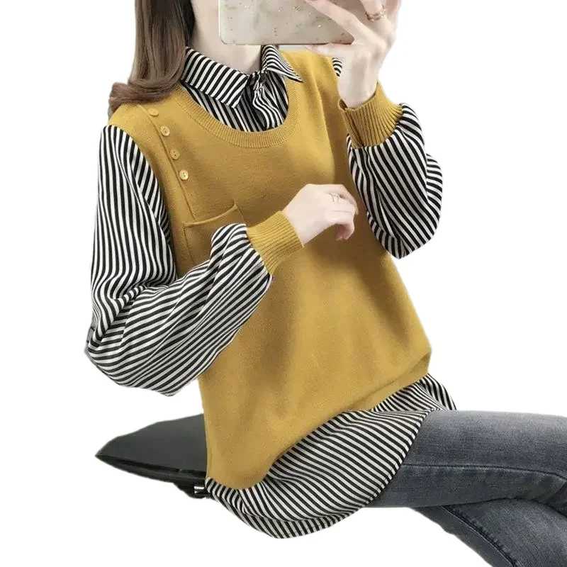

2025 Sweaters Shirt Tops Spring Autumn New Fake Two-piece Loose Striped Patchwork T Shirts y2k Women Clothes pullover jumper