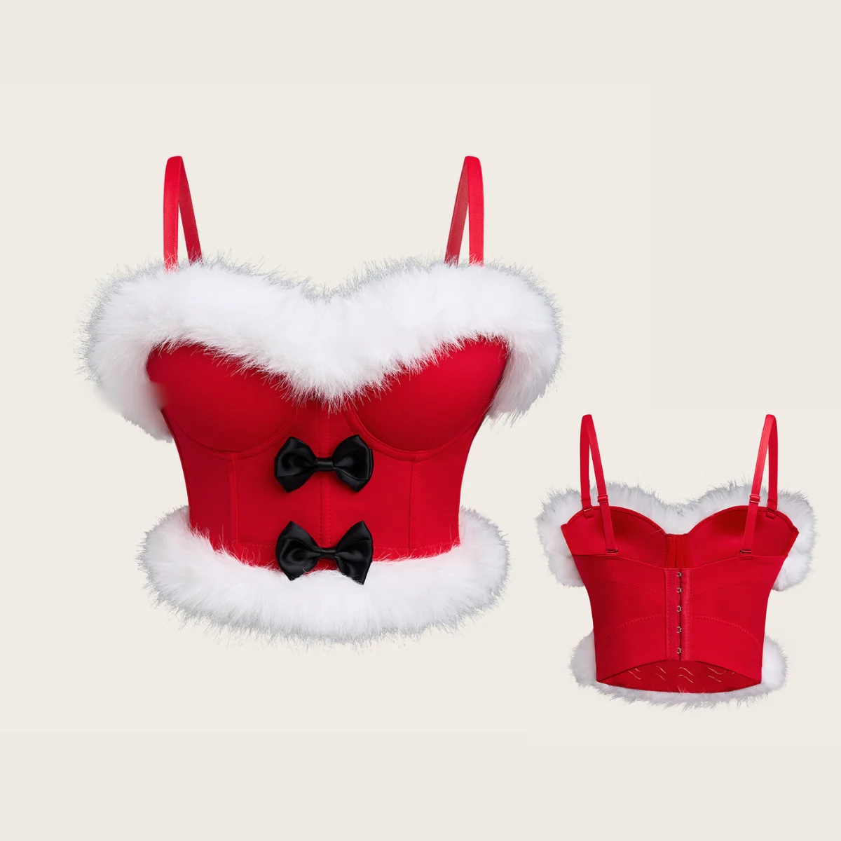 

Red Velvet Corset Crop Top Feather Christmas Outfit Women Cosplay Corselet Bowknot Overbust Open Back Bustier Shapewear Tank Top