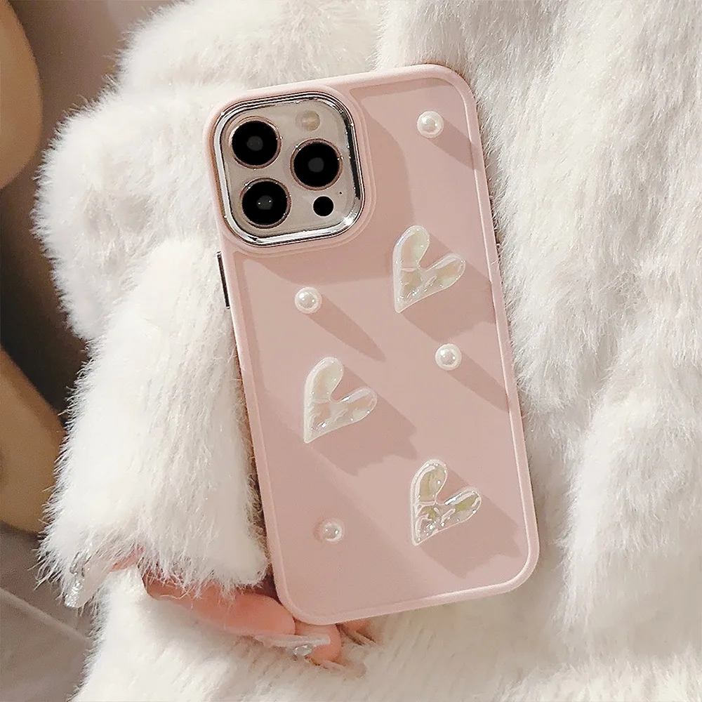 Ins Cute 3D Pearl Love Heart Phone Case For iPhone 15 14 13 12 11 Pro Max X XS XR 8 7 Plus SE 2022 Soft Silicone Bumper Cover