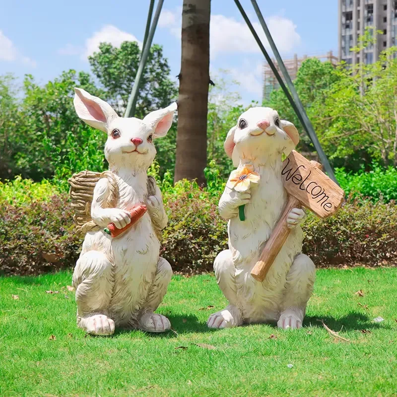 Retro Resin Fiberglass Cartoon Animal Flower Pot Welcome Rabbit Outdoor Villa Garden Courtyard Decoration Rabbit Sculpture