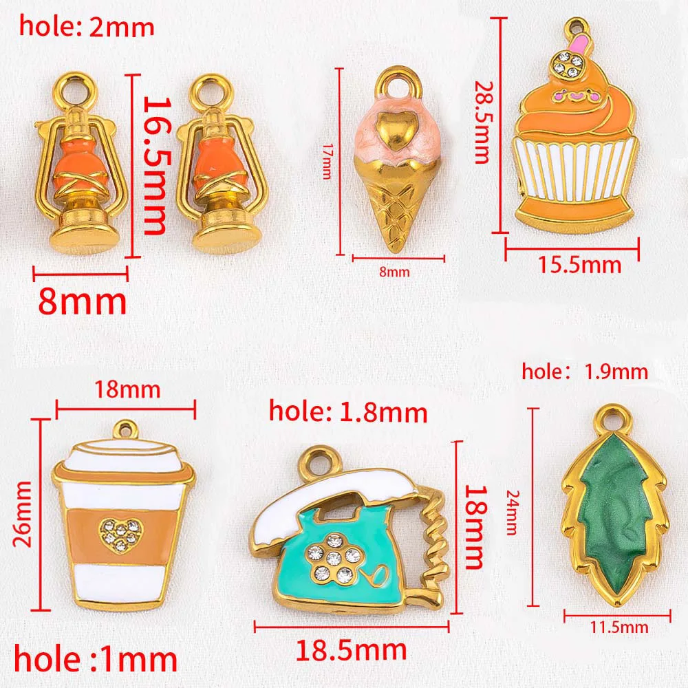 2pcs Cute Stainless Steel Charms Enamel Telephone Ice Cream Lamp Cup Leaf Cherry Necklace Pendant for DIY Earring Jewelry Making view 6