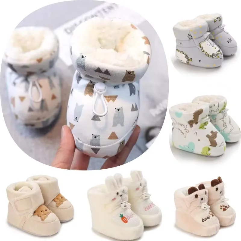 Baby Learning Walk Shoes, Winter Fleece Lined Animal Print Booties, Warm Soft Infant Footwear for Baby Boys Girls 0-1 Year