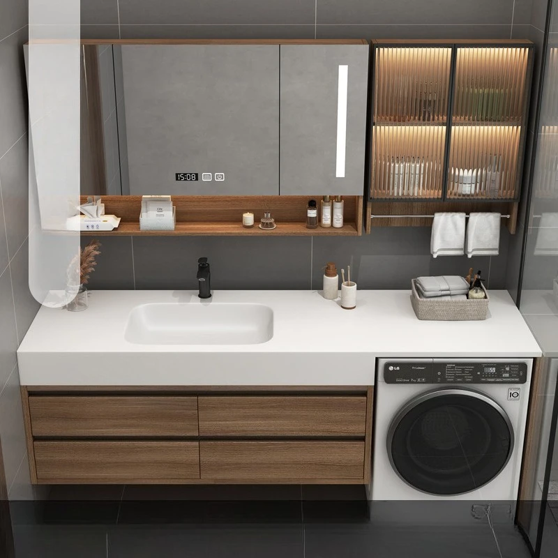 

Modern simple rock slab integrated basin seamless ceramic washbasin bathroom cabinet combination washstand rock slab washing mac