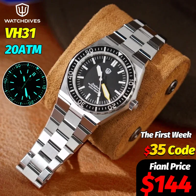 

Мужские часы для дайвинга Watchdives WD0017, кварцевые часы VH31 Sweep, AR Sapphire Lumes BGW9, водонепроницаемые до 20 бар, из нержавеющей стали, в стиле ретро, Reloj