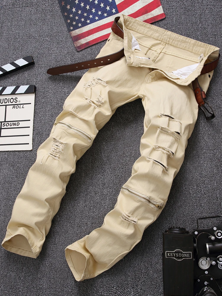 

Trendy Men's Zipper Ripped Denim Jeans Elastic Casual High Street plus Size Slim Fit Pants Youthful ular All-Season Wear