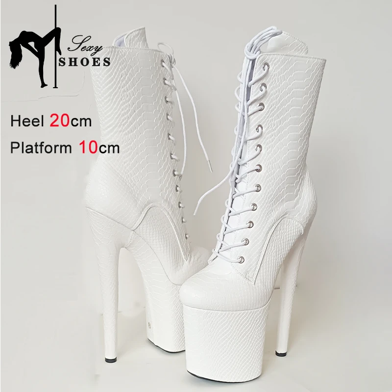 20CM Ankle Boots White Python Pattern Women High Heels Side Zipper Lace-up Thick Platform Short Boots Round toe Women Shoes