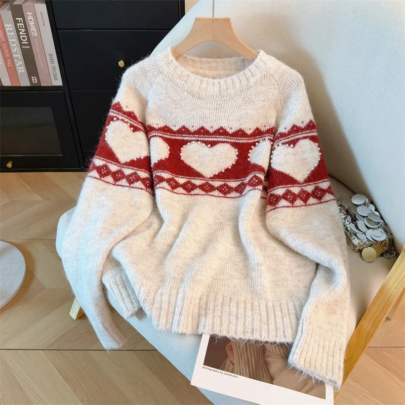 Red Christmas New Year Round Neck Sweater Woman With Love Beading Autumn Winter Soft Thicken Knitted Top Clothes