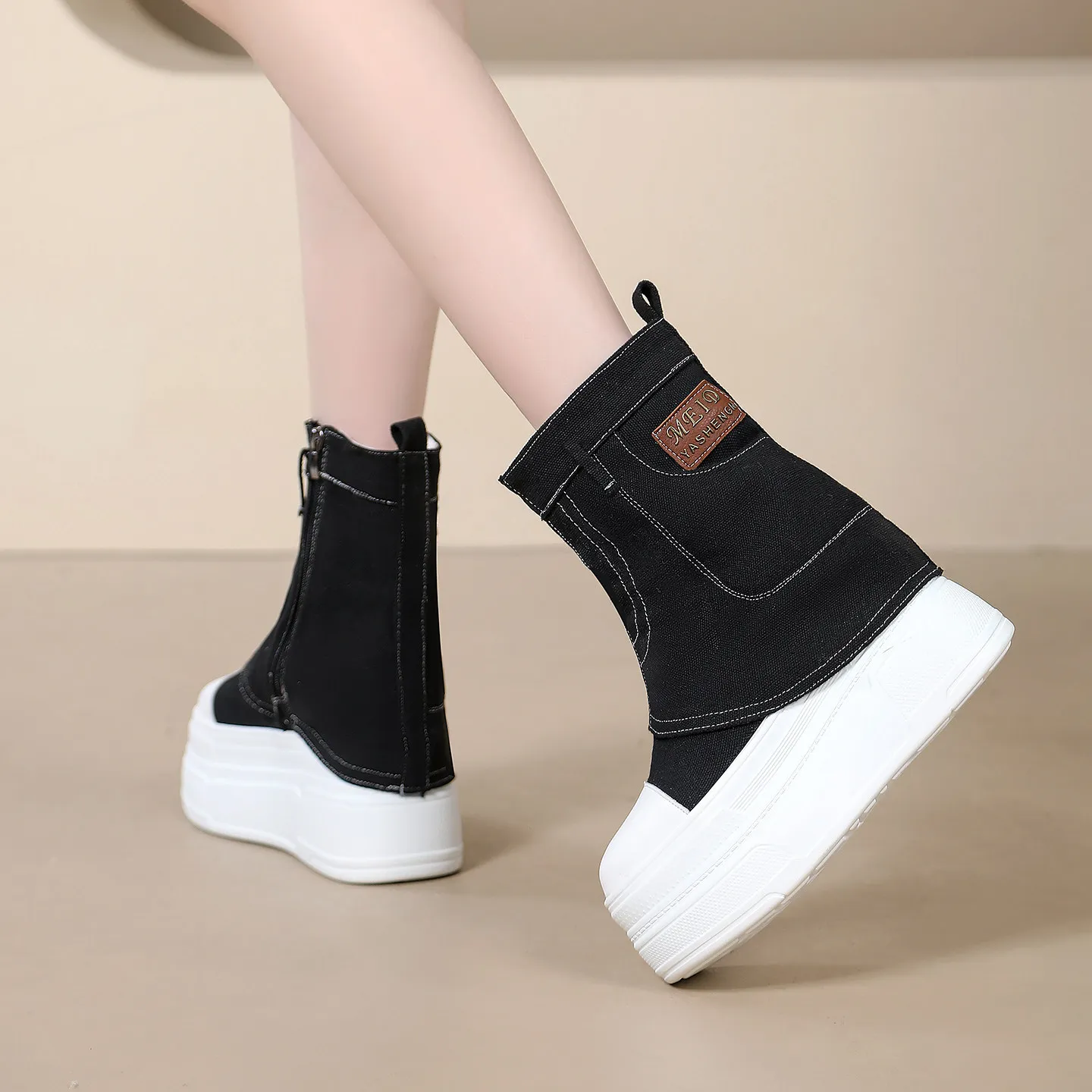 11cm  Punk Style Pleated Round Toe Thick Sole Platform Chunky Heels Women Sneakers Solid Color Zipper All Match Casual Shoes