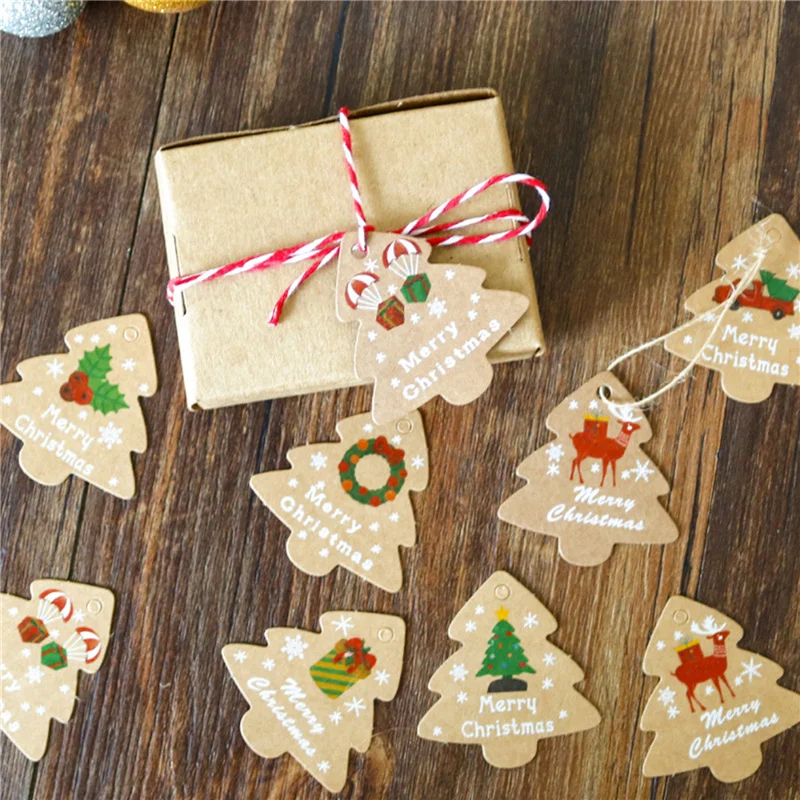 48Pcs Kraft Paper Tags Santa Claus Christmas Tree Gift Tags Xmas Party Decoration DIY Hang Tag Craft Packaging Labels with Rope