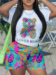 Casual O-neck Short Sleeve T-shirt Shorts Set Office Lady Spring Summer Cartoon Print Tops Pants Two Piece Set Women Outfit 2025