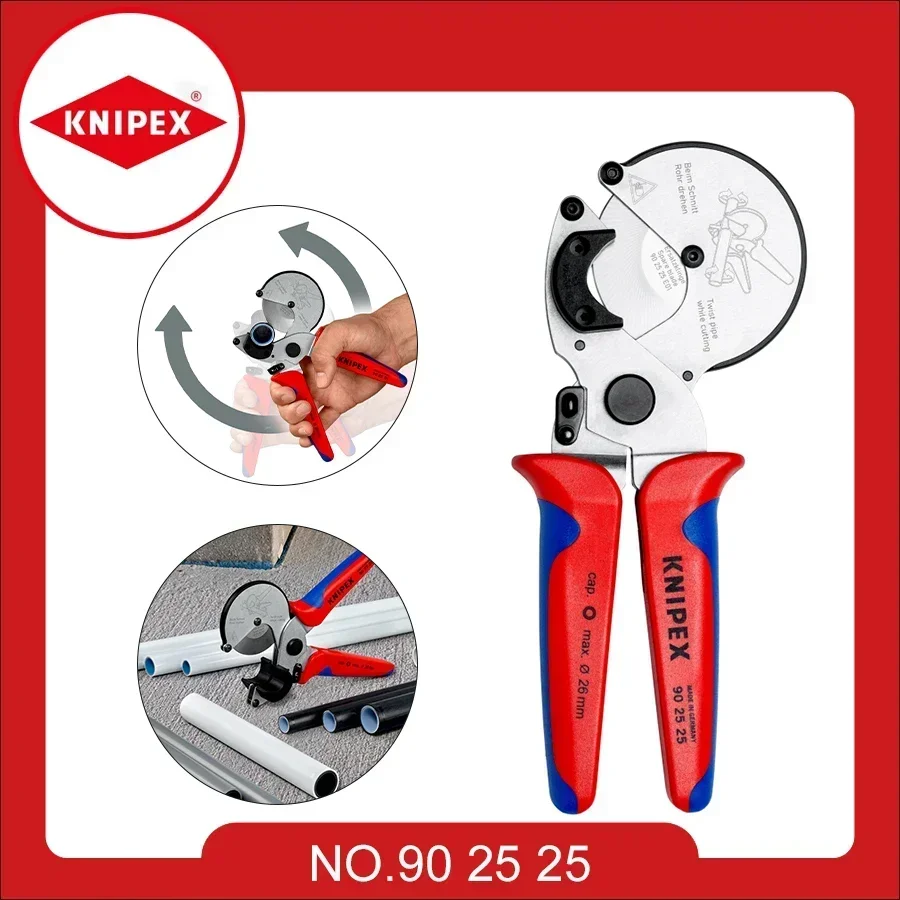 KNIPEX  Pipe Cutter For Composite And Plastic Pipes Wide Plastic Supports Allow Perfect Right-angled Cuts 90 25 25 tool