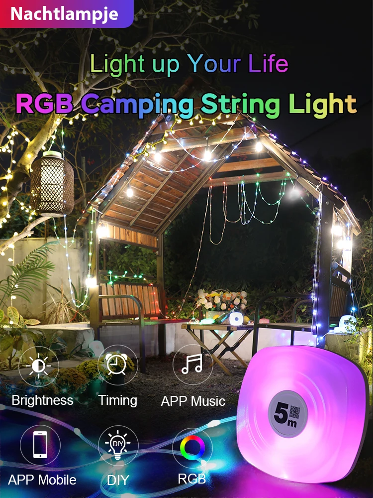 Nachtlampje Camping String Light LED Rechargeable Strip Outdoor Waterproof Smart APP Atmosphere Lamp Decor for Garden Tent