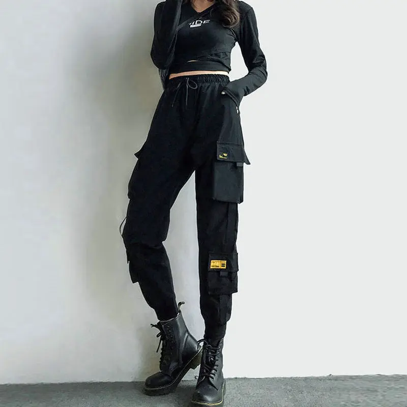 Women\'s Cargo Pants Black Ribbon Pocket Jogger Elastic Waist High Streetwear Harajuku Pant Punk Females Trousers Harem Pants