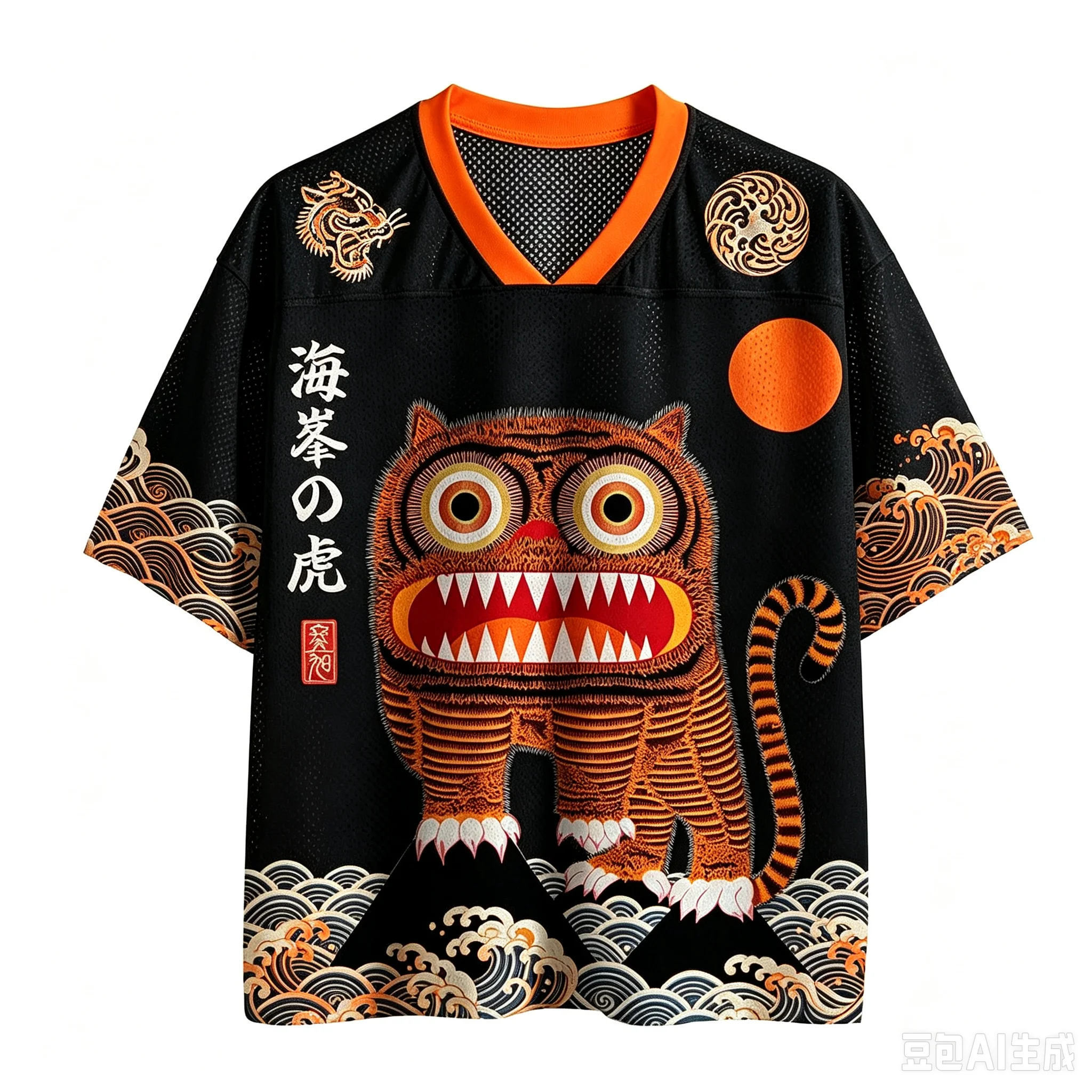 3D-Druck Retro Ukiyo-e-Stil „Hefeng Tiger Wave Red Sun“ Herren Damen Sport- und Fitness-T-Shirt mit V-Ausschnitt, schnelltrocknend, locker geschnitten, Streetwear, lässig – Detail 2