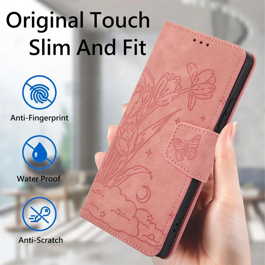 Flower Butterfly Flip Case with Wrist band for Redmi Note 13 12 11 10 9 Note 13 Pro Note 12S 11S 10 Pro Kickstand Phone Cover