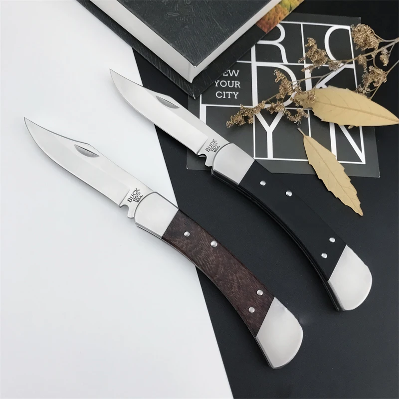 Sand Iron Wood and G10 Handle BK110 Outdoor Camping Hunting Survival EDC Folding Knife Self Defense Tool Cowhide sheath