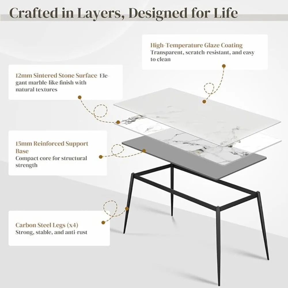 Dining Table with Sintered Stone Tabletop and Metal Legs,70" Rectangular Modern Kitchen & Dining Room Table With 6 Dining Chairs