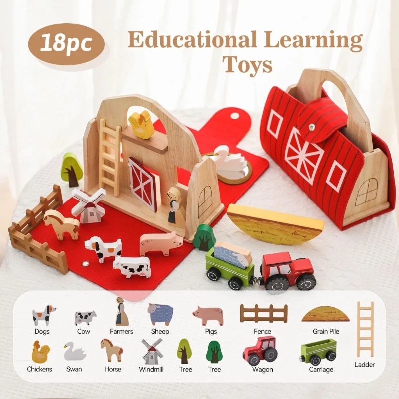 XXFE Farm Pretend Play Set for Kids with Wooden Barn Storage Body, Tree Pieces, Scene Building and Stacking Activity for