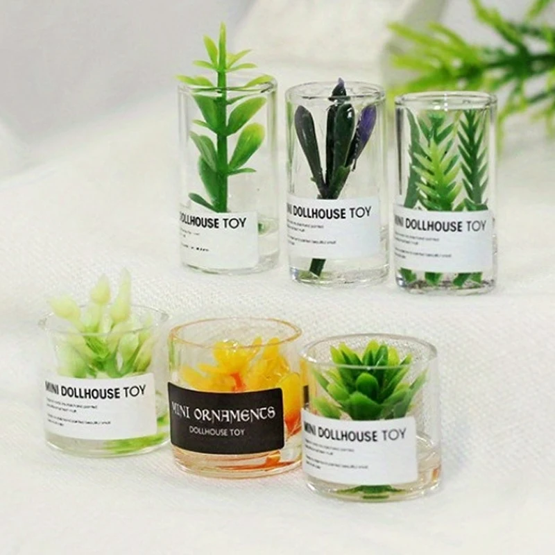 

6pcs/set 1:12 Scale Mini Glass Bottle Green Plants Dollhouse Toys Accessories Miniature Creative Living Room Garden Decorations