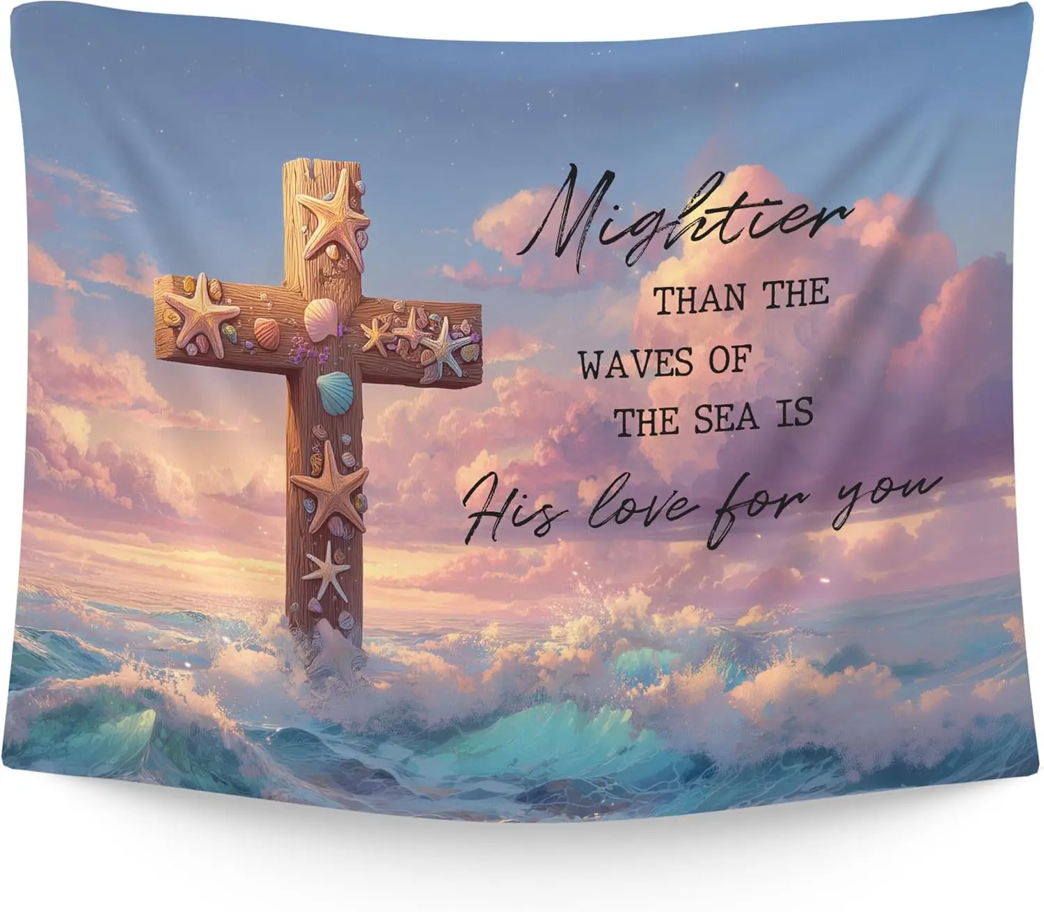 Настенный гобелен с христианским крестом и морским пейзажем для спальни, розовый пляжный гобелен с ракушками и библейскими стихами для декора стен