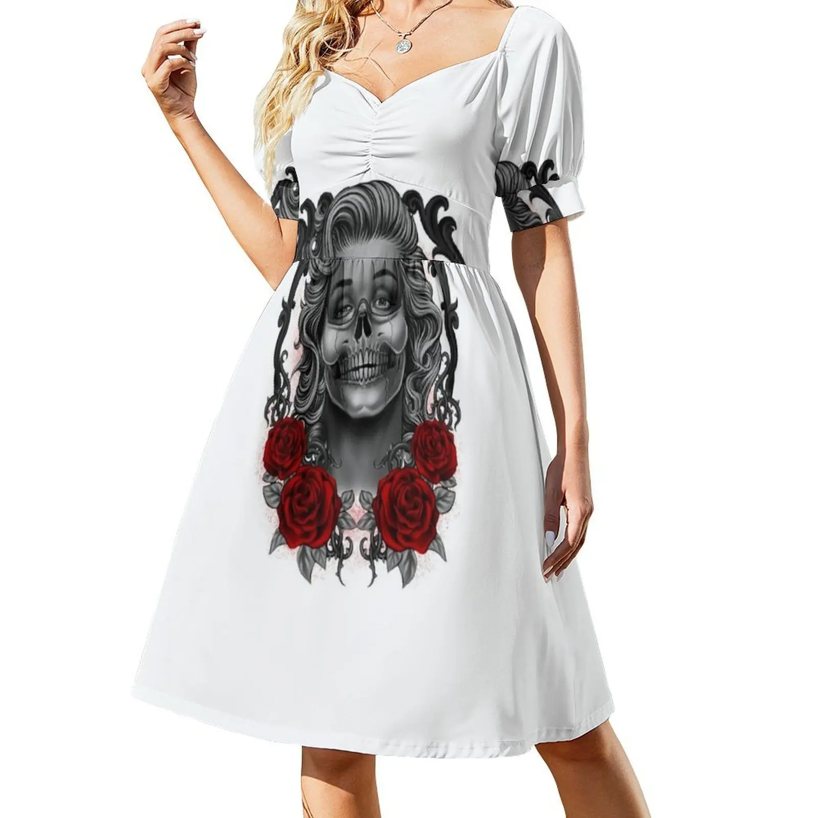 فستان كاجوال على الطراز الكوري على شكل جمجمة من Monroses للنساء فساتين بسيطة يومية للمكتب للسيدات على شكل جمجمة وزهرة وردية وشم مونرو للفتيات