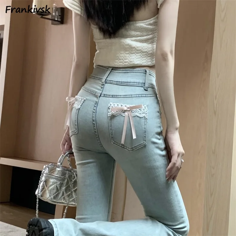 

Skinny Flare Jeans Women Bow Design Tender Sexy Girls Stretchy High Waist Hotsweet Daily Washed Chic Holiday Soft Korean Fashion