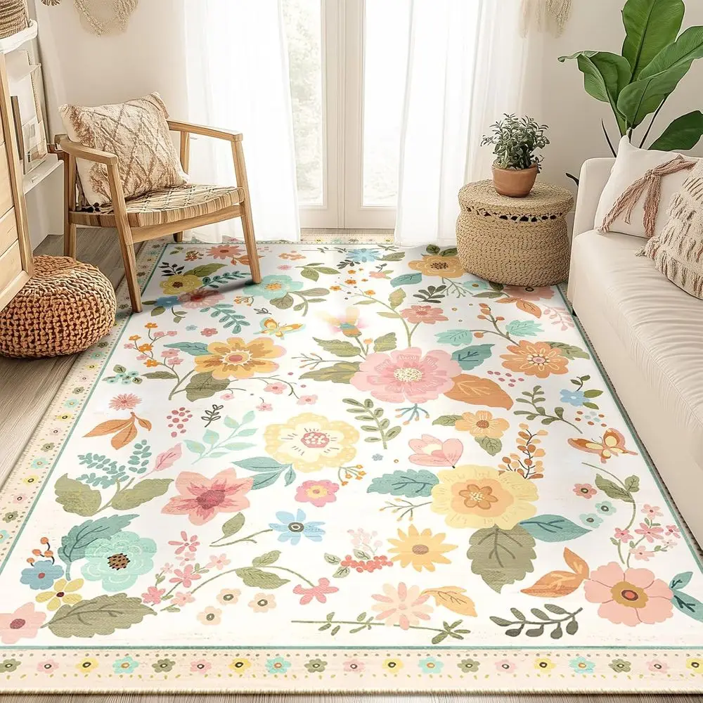 

Machine Washable Soft Boho Floral Area Rug, Non-Slip Doormat, Low Pile Flower Rugs for Living Room, Bedroom, Nursery, Kitchen, D