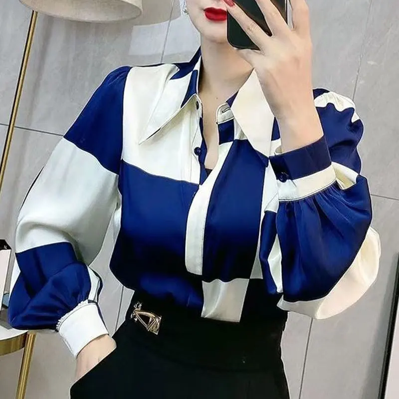 

Women's Clothing Plaid Spliced Blouse Commute Single-breasted 2026 Spring Autumn Turn-down Collar Korean Long Sleeve Loose Shirt