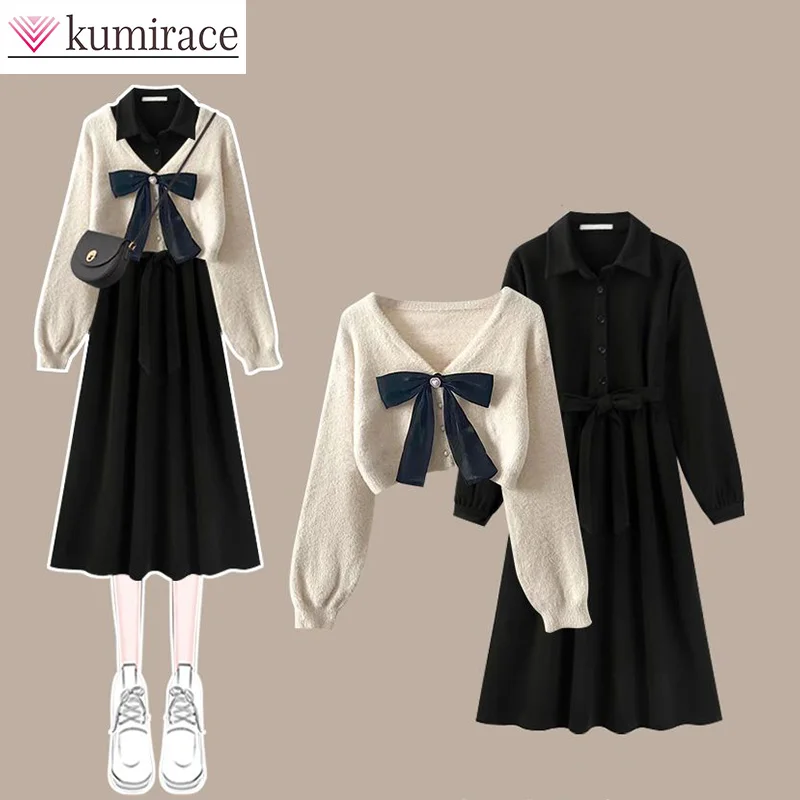 Large Autumn Women's 2024 New Korean Edition Academy Sweater Versatile Dress Two Piece Set Dress Sets Clothes for Womenskirt Set