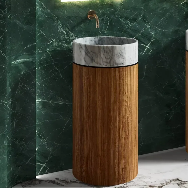 Floor-to-ceiling Independent Column Water Basin with Wood Grain Stainless Steel Base and White Marble Wash Basin Combination
