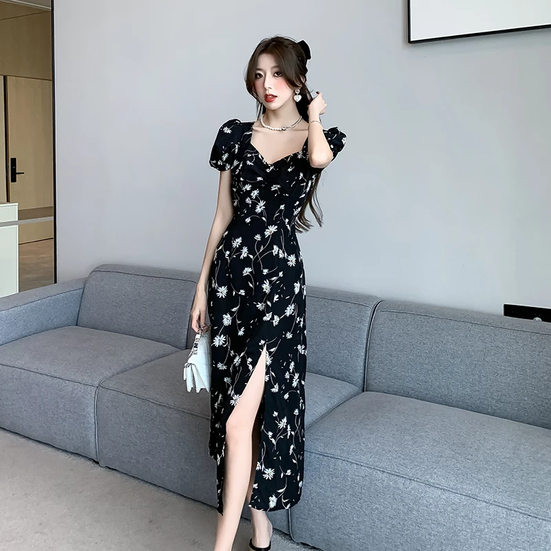 Retro Floral Red Dr 2024 New Bubble Sve Tea Break Long Dr Women Summer High Waist A-Line Skirt V-Ne Polyester an...
