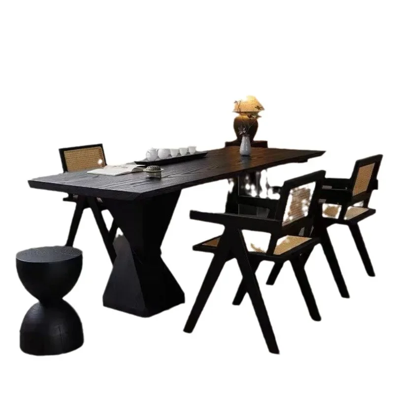 

Carbonized black tea table and chair combination log solid wood large board tea table living room balcony tea table wabi sabi