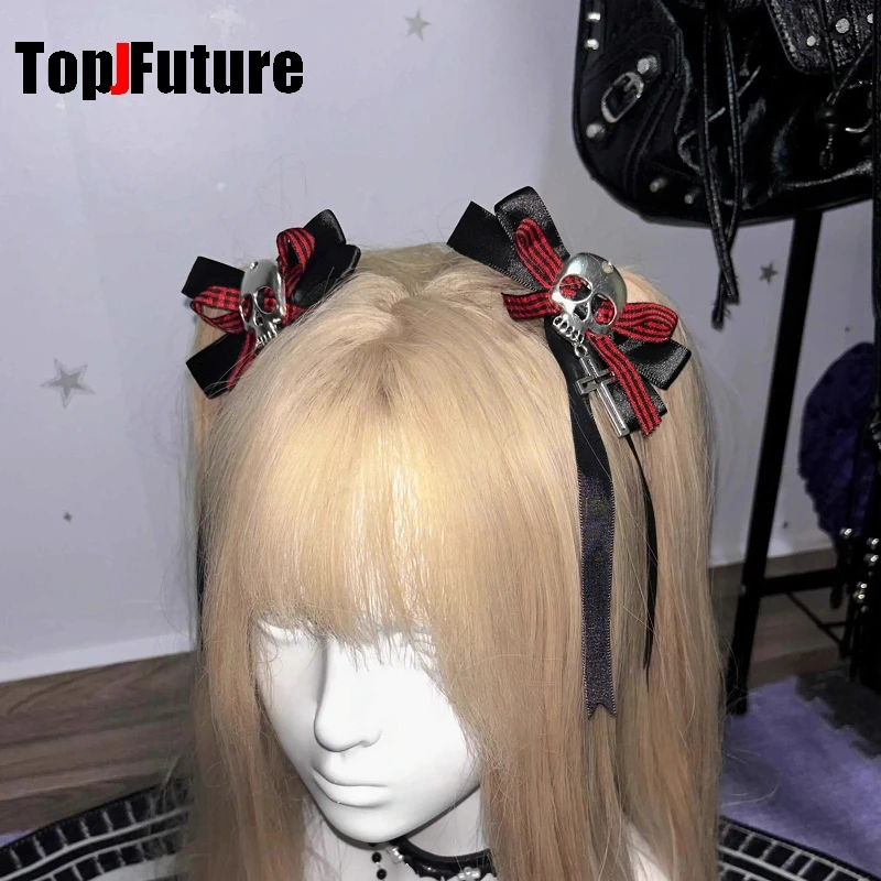 Y2K Girl Harajuku Gothic Primitive Subculture Punk Leather Bow Skull Cross Decorative Accessories Ponytail Braid Hair Clip