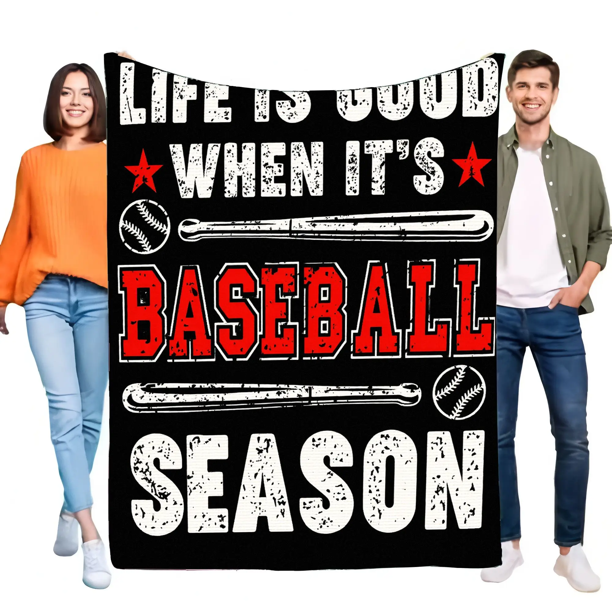 LIFE IS GOOD WHEN IT'S BASEBALL SEASON Blanket Soft Black Throw with Bold Red White Design Perfect for Sports Fans Home Decor Gi