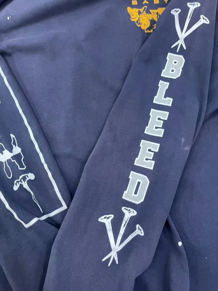 تي شيرت Saint Babyl باللون الأزرق الداكن 100% قطن فضفاض مناسب كاجوال بأكمام طويلة للرجال، قميص مريح كبير الحجم