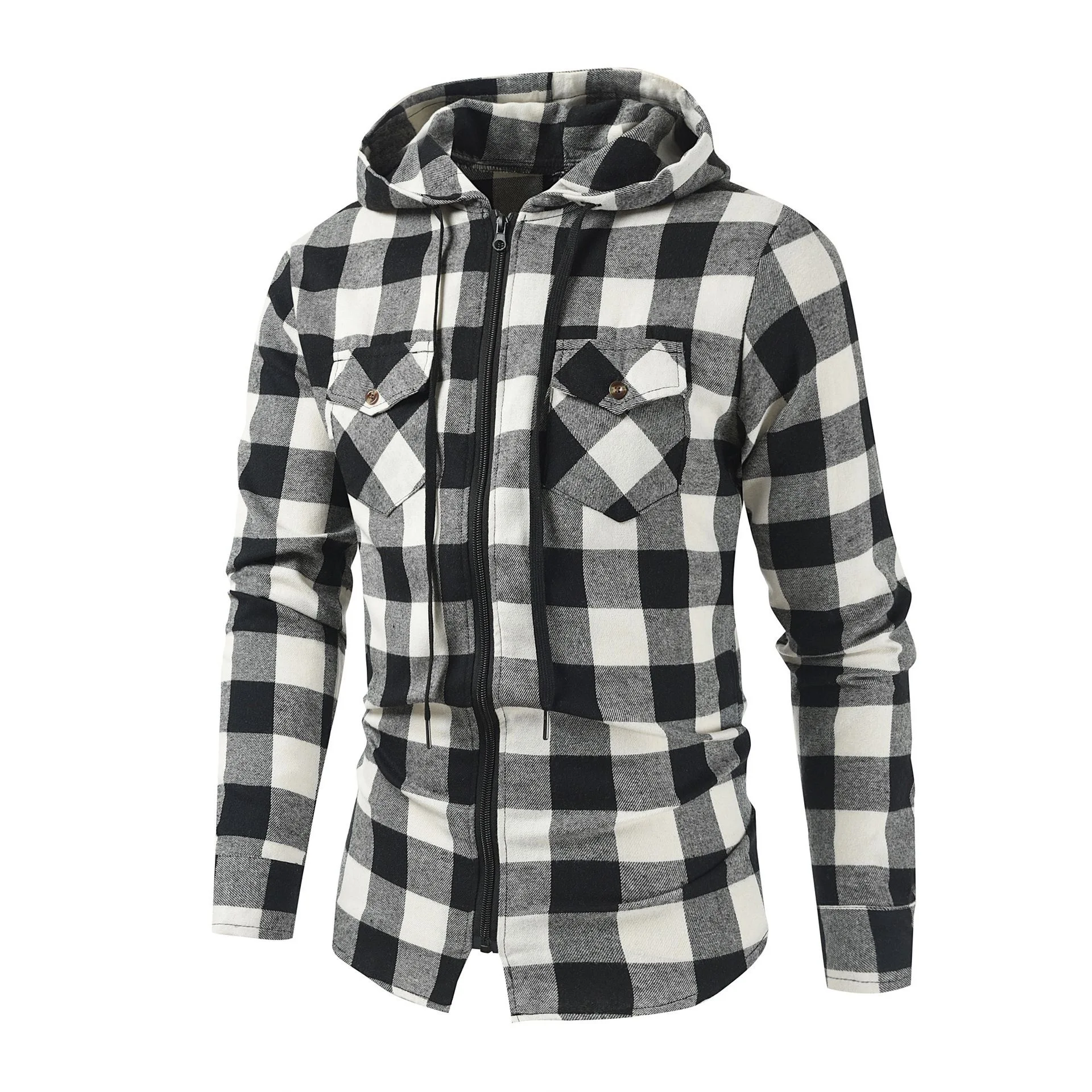 2024 Spring and Autumn Fashion Trend Plaid Hooded Shirt Men\'s Casual Relaxed Comfortable Sports Large Size Long-Sleeved Shirt