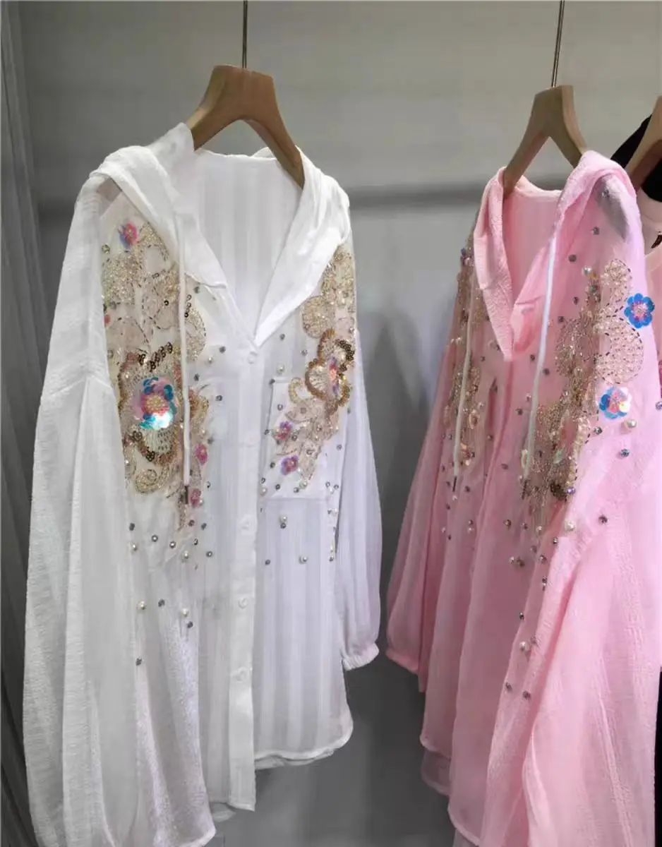 

New 2025 Luxury Sparkle Pearls Sequins Stitch Oversize Buttons Up Hooded Sunscreen Shirts Blouses For Women Long Sleeve Tops