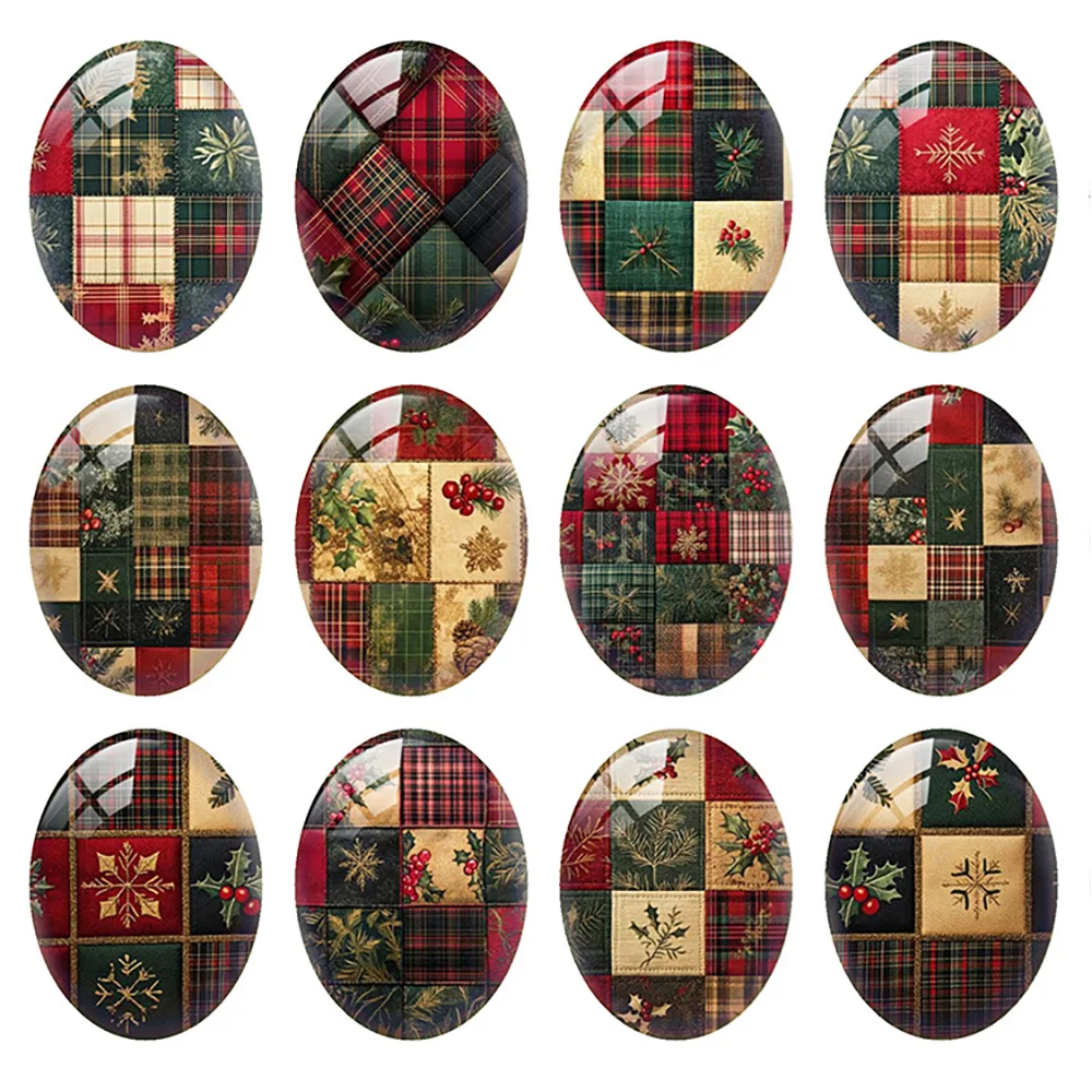

10pcs/lot Christmas X-mas Green Red Flower Plaid Snowflakes Oval Photo Glass Cabochon Flatback Demo Cameo Diy Jewelry Making