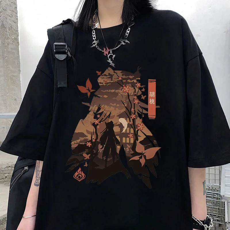 

Genshin Impact Print Women T Shirts Hu Tao Anime Graphic Short Sleeve T-shirt Black Streetwear 2023 Summer Y2k Clotehs Tops Tees