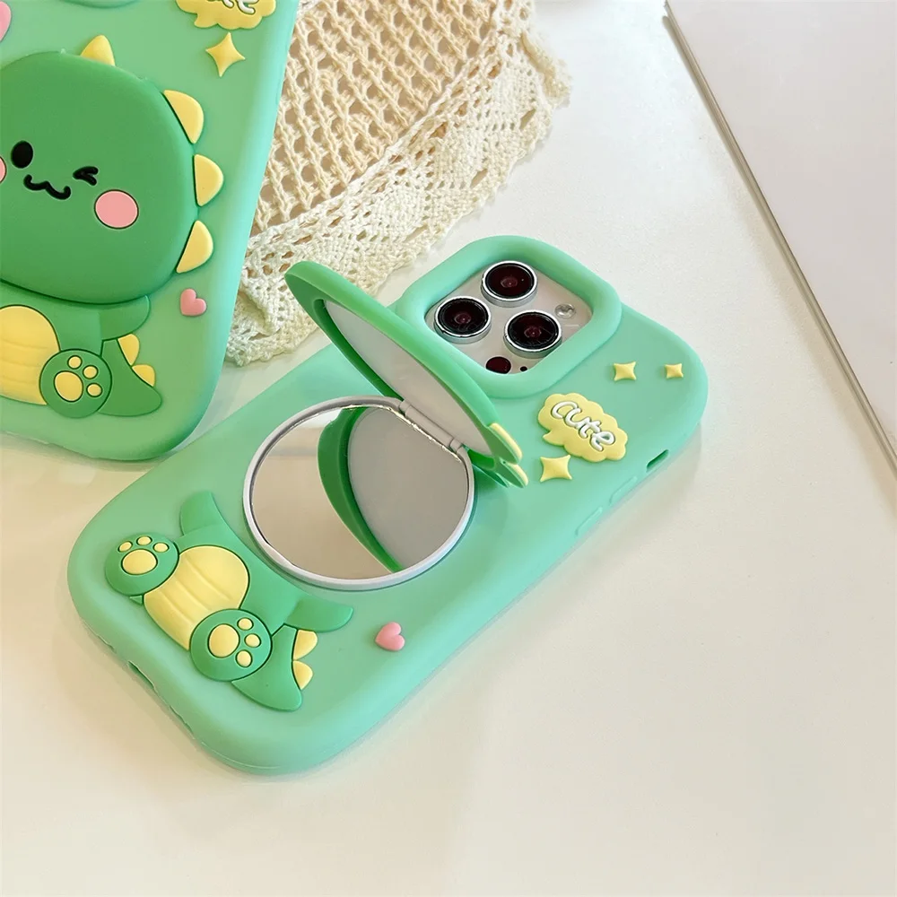 Lustige Dinosaurier-weiche Silikonhülle mit Make-up-Spiegel-Ständerhalter, 3D-Cartoon-Abdeckung für iPhone 12, 13, 14, 15 Plus, 16 Pro Max Capas – Detail 5