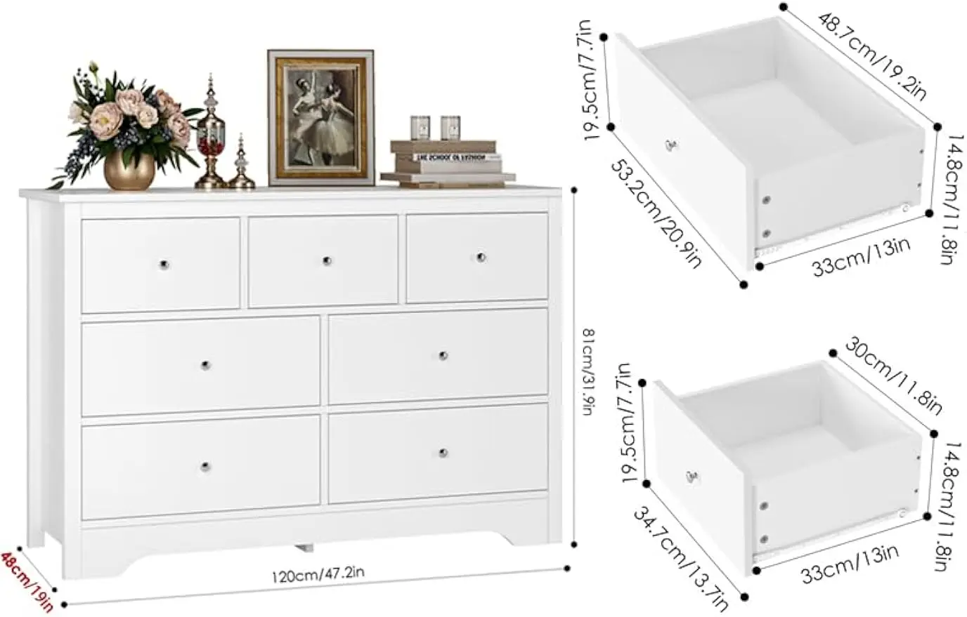 7 Drawer with 19'' Deeper Depth, 47.2'' White Chest of Drawers Modern Dresser with Metal Handles, White Dresser Chest of Drawers