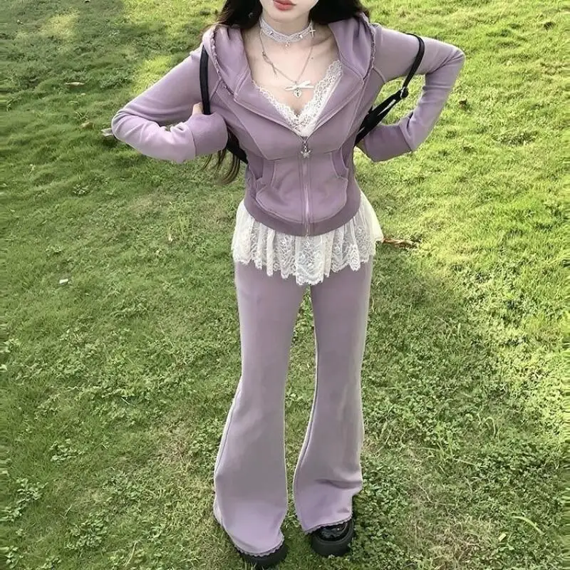 

Брюки Sanrio, 3 шт., узкие брюки Kuromi, высокие и тонкие, новый стиль, с капюшоном, универсальный кружевной повседневный костюм в осенне-зимнем стиле