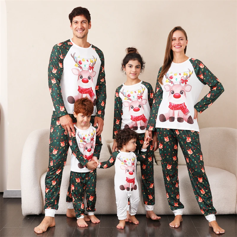 

2024 Christmas Pajamas Cute Deer Family Matching Outfits Mommy and Me Xmas Pj's Clothes Father Mother Children Baby Pyjamas Sets