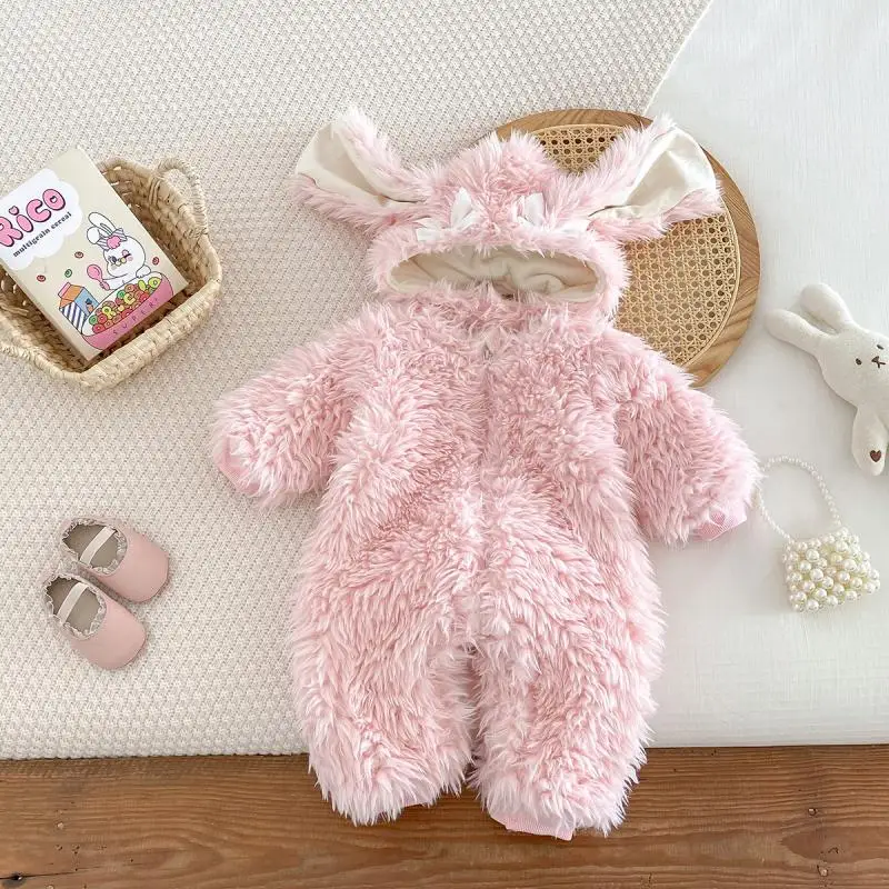 Cekcya ฤดูหนาวเด็กอบอุ่นการ์ตูนกระต่าย Hooded Romper ทารกหญิงหนา Coat Jumpsuit ทารกแรกเกิดเสื้อผ้านุ่มชุดนอน Overalls