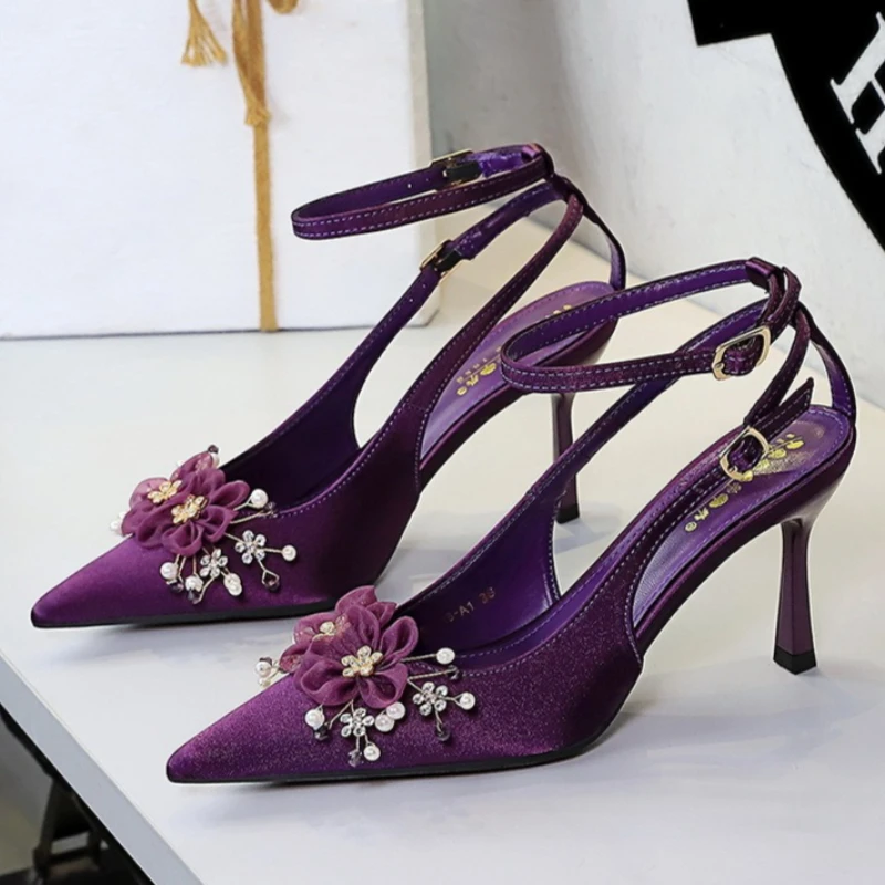 BIGTREE Shoes Ladies Sexy Pointed Toe Heels Rhinestone Ribbon Flowers Cut One Strap Thin Stiletto Banquet Wedding Dress